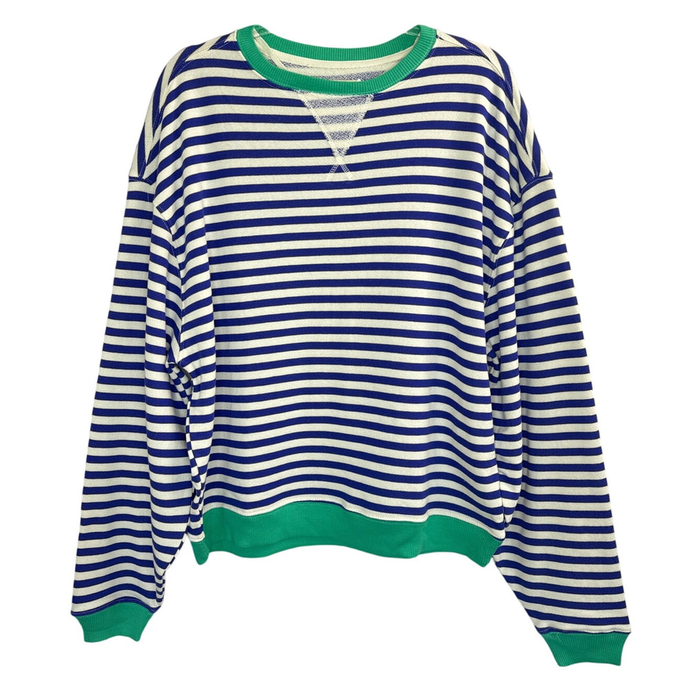 Free People Classic Stripe Oversized Crewneck Blue Green Combo Sz M Cozy Boho - Picture 4 of 8